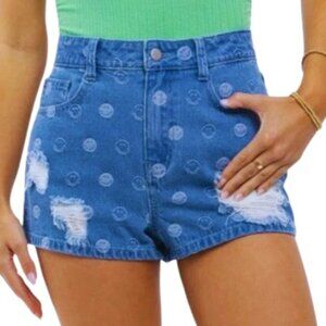WOMEN'S LE LIS COLLENTION SMILEY FACE DISTRESSED SHORTS WITH 5 POCKETS (MEDIUM)